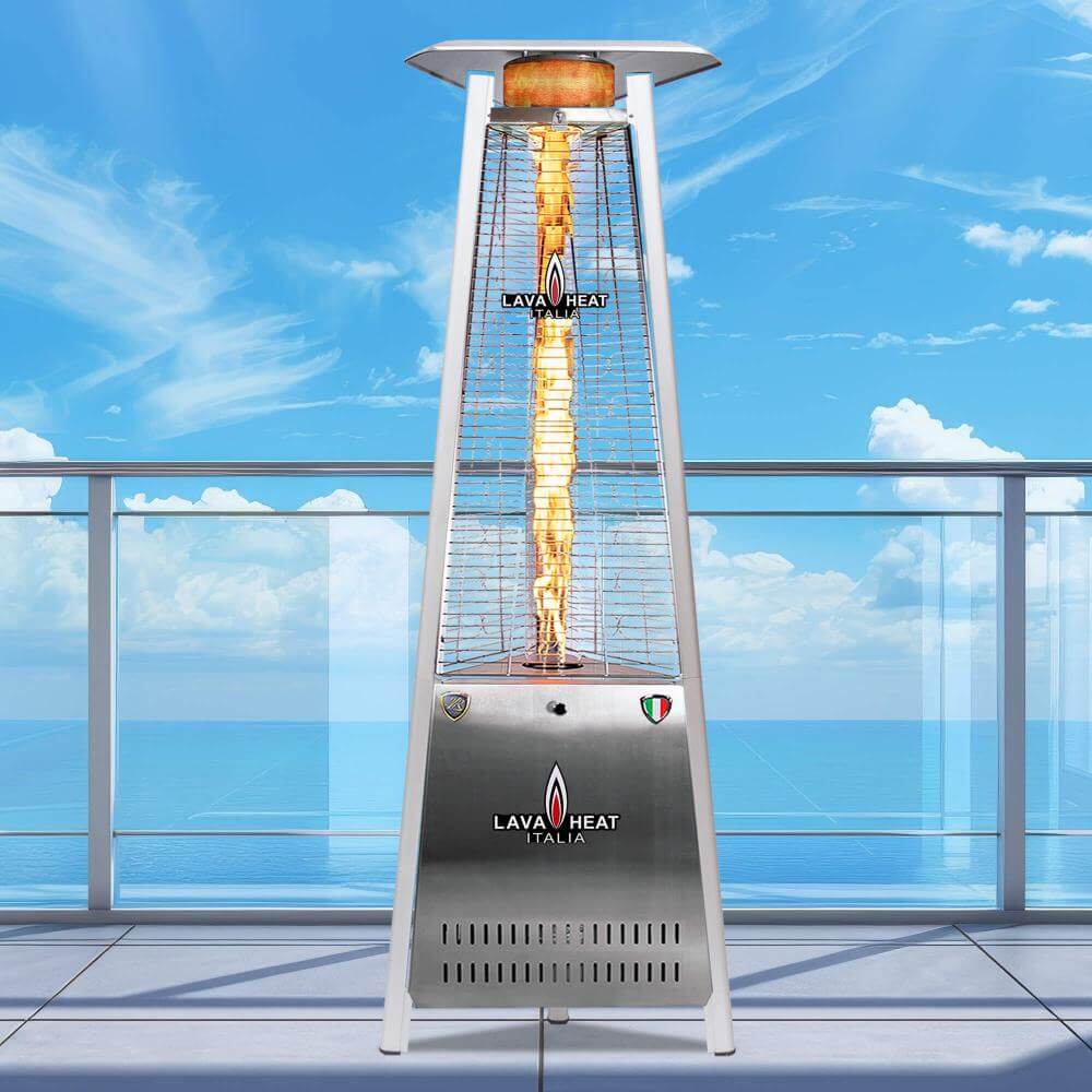 A silver Capri heater standing outdoors on a balcony