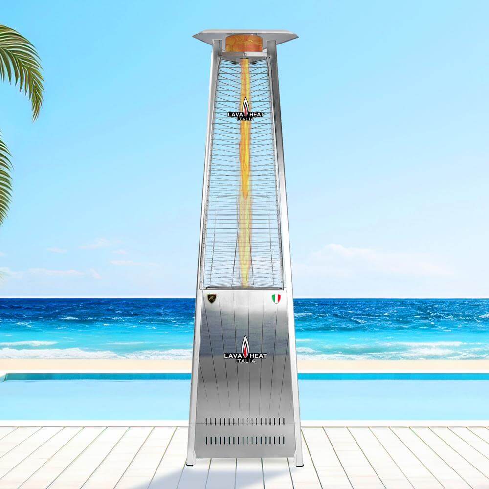 Silver Lava Lite heater outside in front of ocean