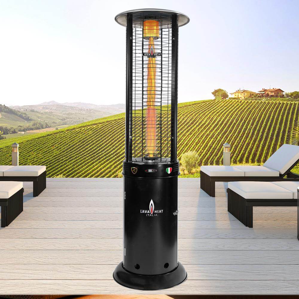 Black Opus heater outside in front of sofas at night