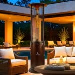 Bronze Opus heater outside in front of sofas at night