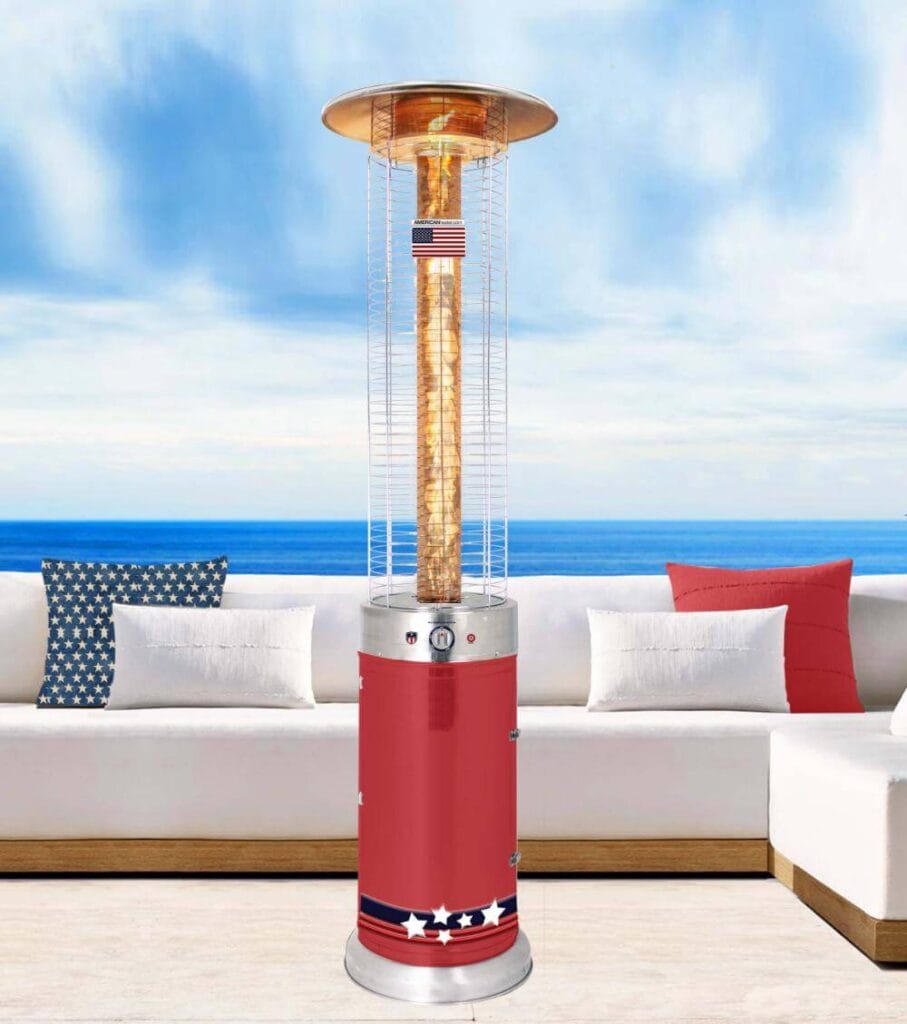 Red Fire Fountain heater outdoors in front of sofas