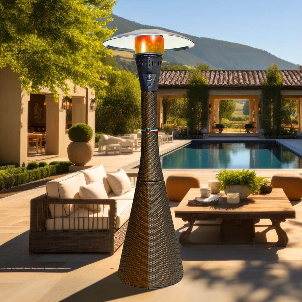 Brown Palermo outside in front of sofas and a pool