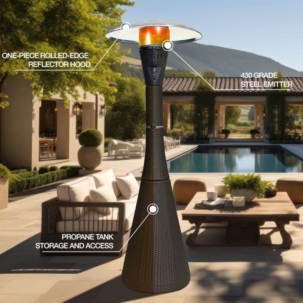 Diagram of the Palermo heater showing the reflector hood, emitter and propane tank storage access