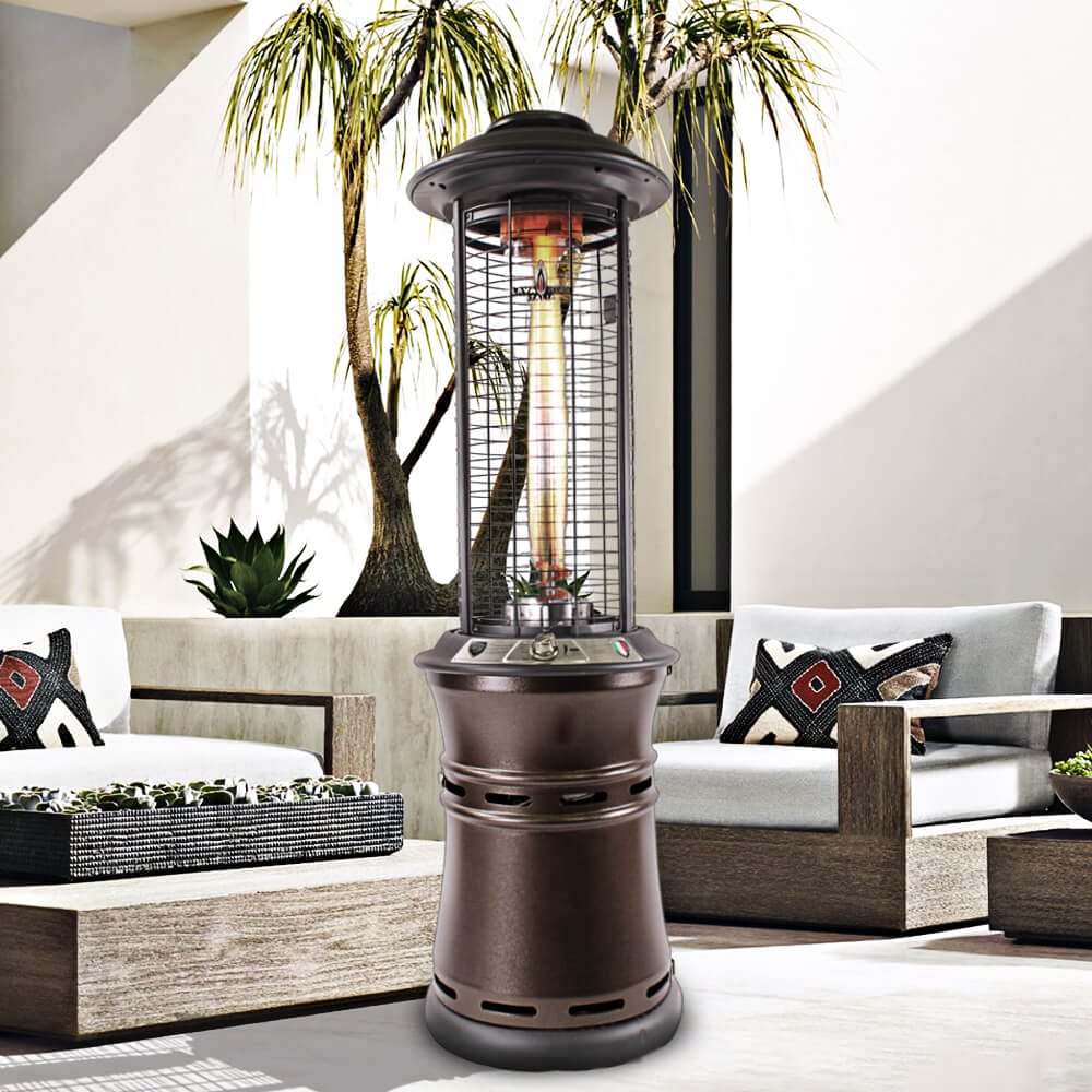 Bronze Ember heater in an outdoor sitting area