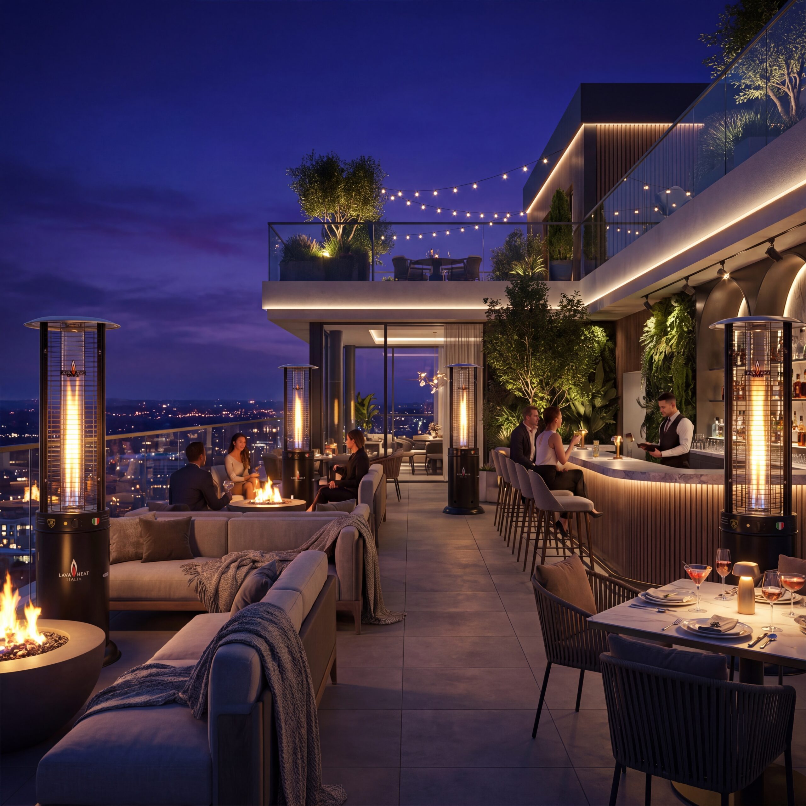 Opus 80-inch round flame tower on rooftop terrace