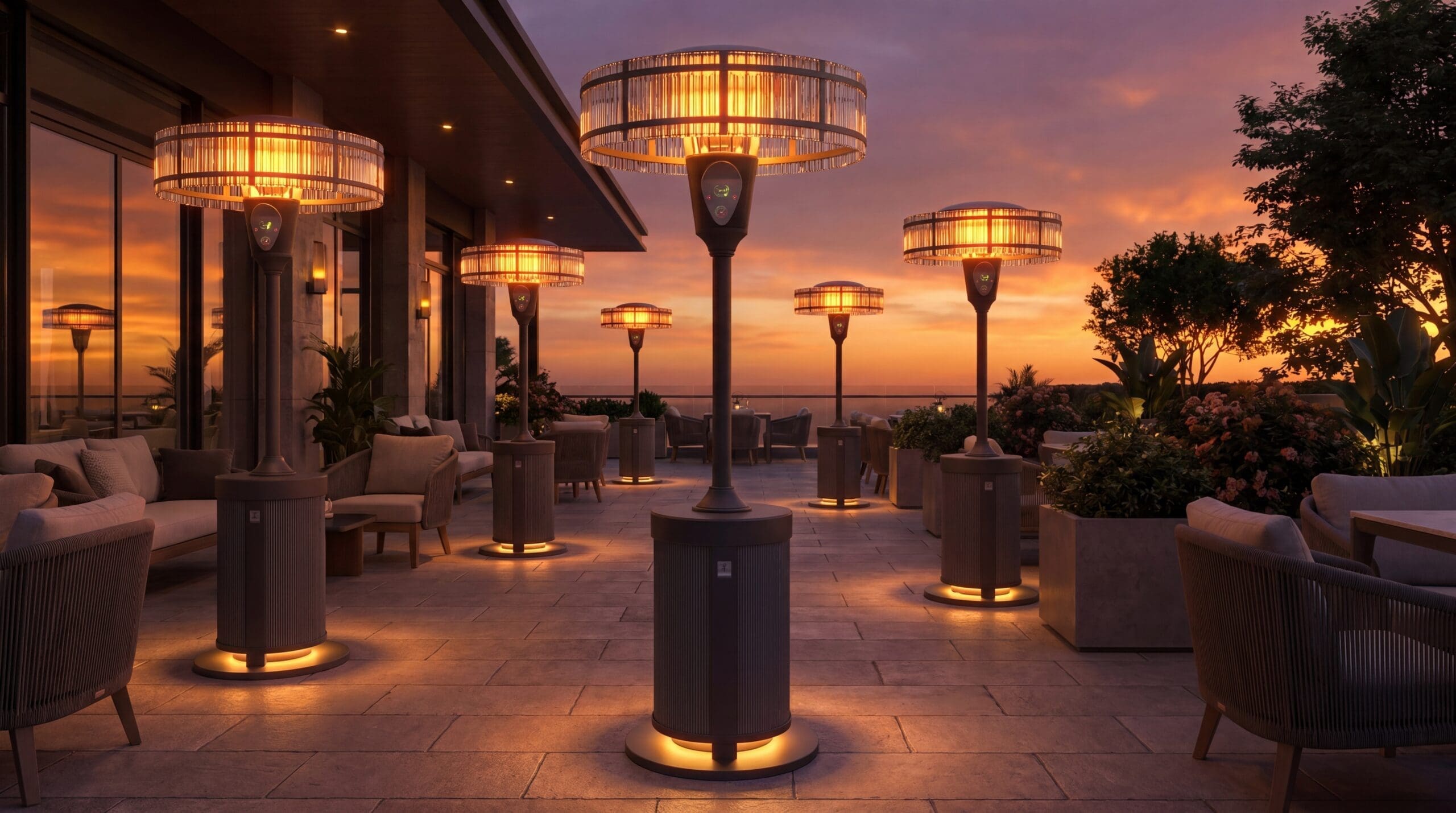 A colonnade of Bellagio Bicchiere heaters lining a hospitality terrace