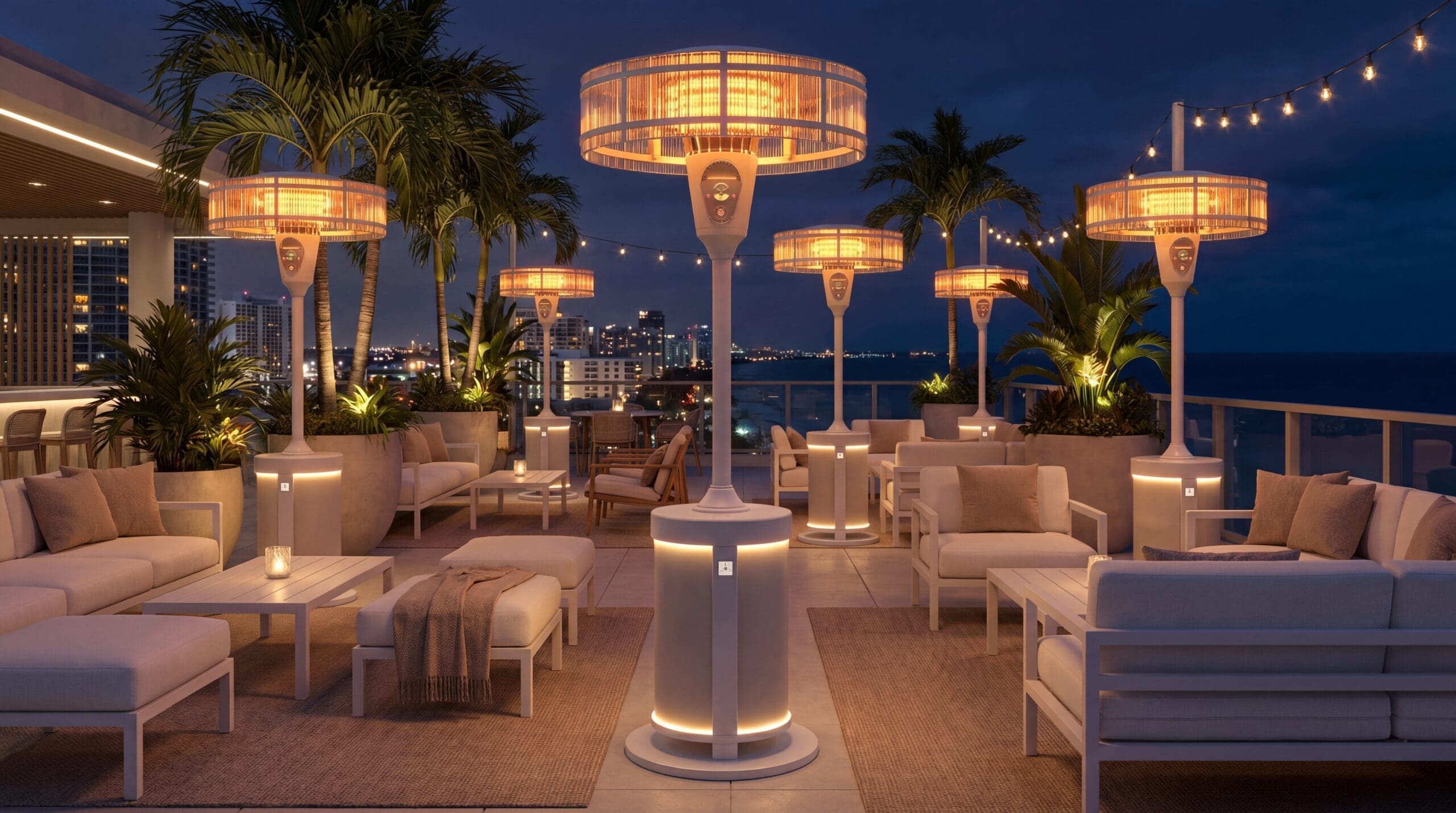 Multiple Bellagio Bicchiere Positano Pearl heaters across a poolside lounge
