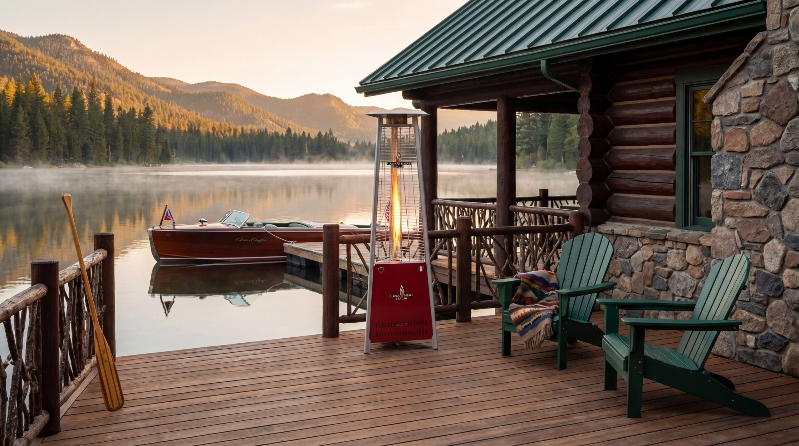 The Capri in Scarlet on a mountain lake dock at first light, Chris-Craft moored nearby