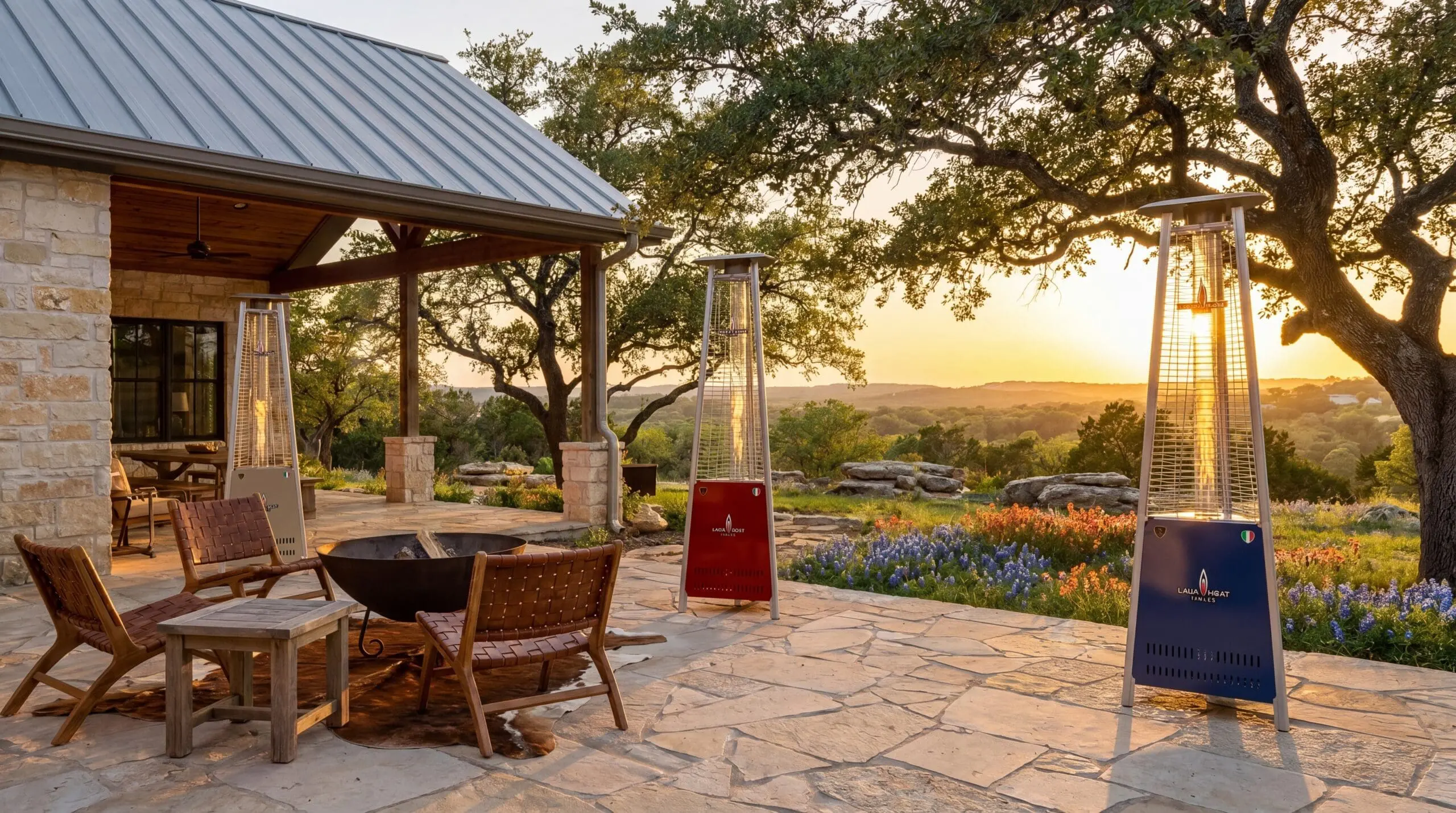 Two Capri heaters — Scarlet and Indigo — set on a flagstone patio above Texas Hill Country bluebonnets at sunset