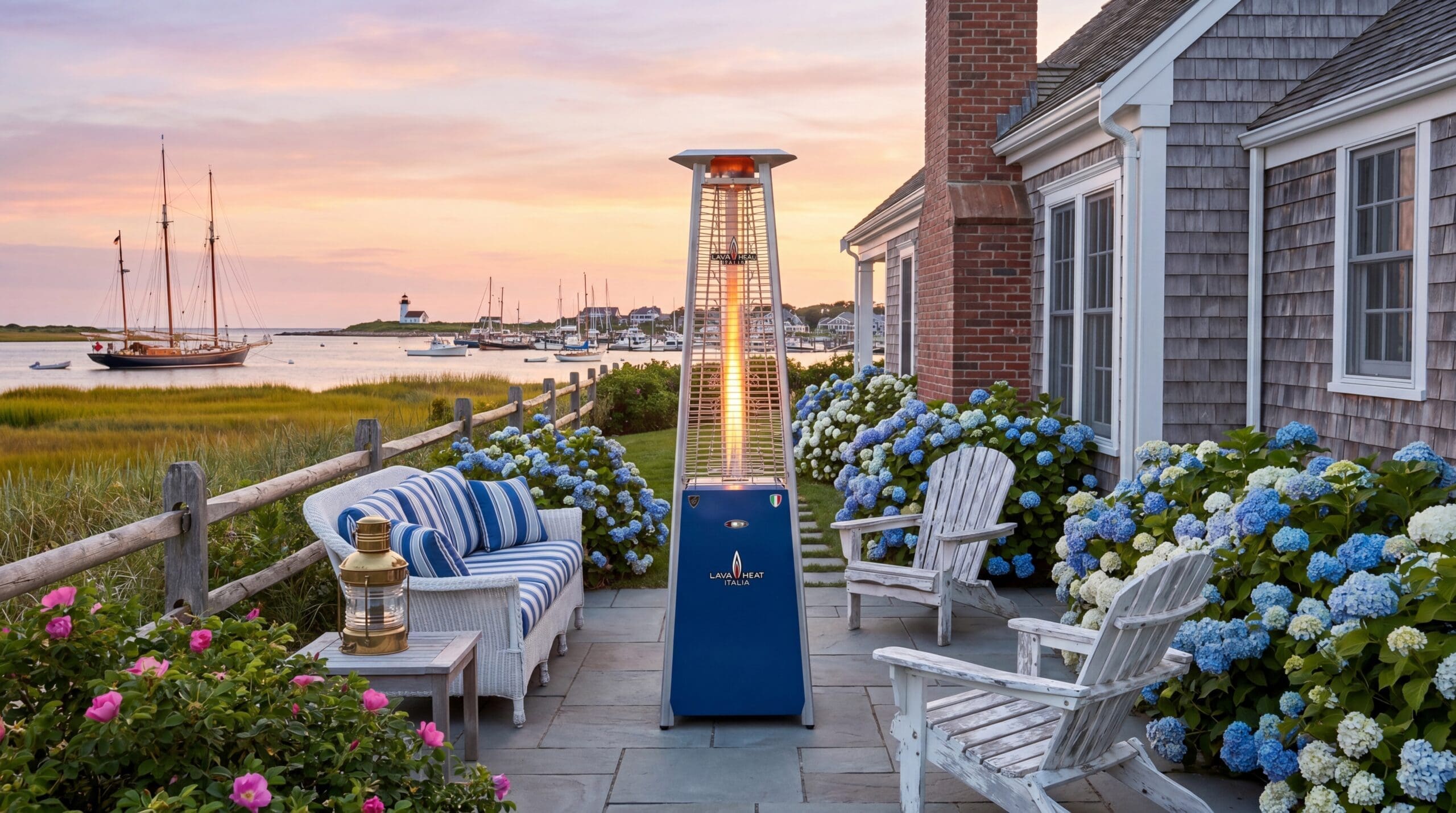 The Lava Lite in Sapphire Blue on a Nantucket harbor patio